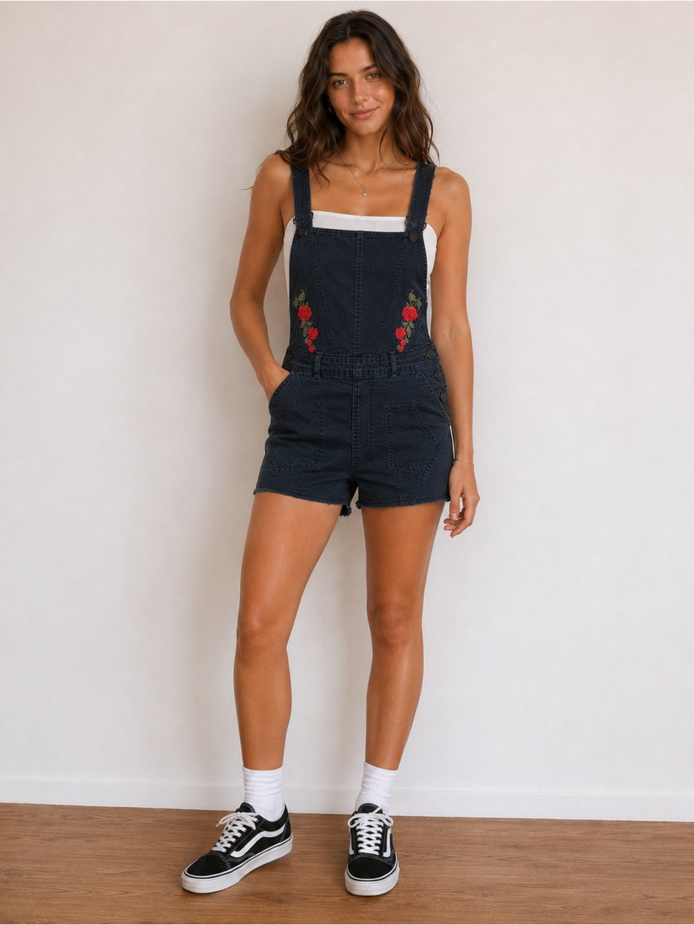 Women’s Faded Black Denim Short Overalls with Red Rose Embroidery